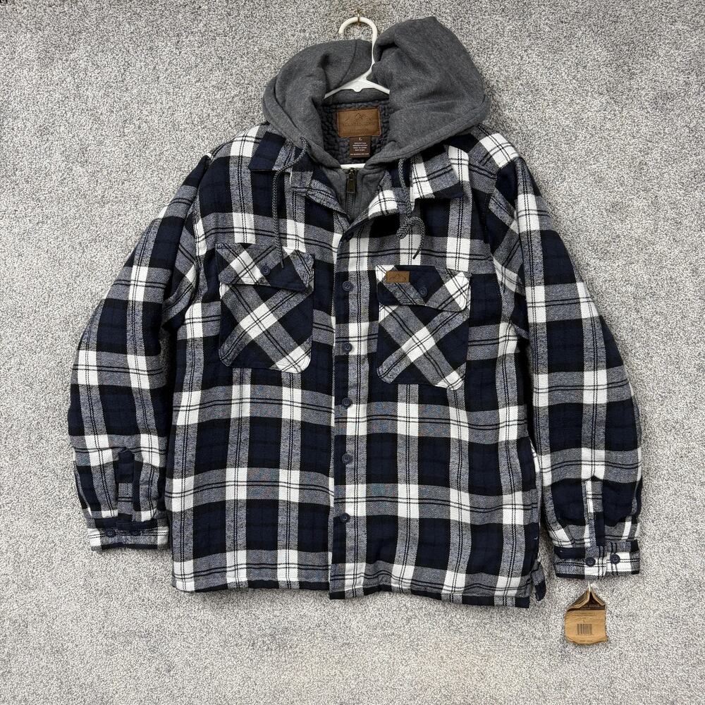 Mountain Ridge Jacket Mens L Blue Plaid Sherpa Lined Hooded Flannel Gorpcore 90s